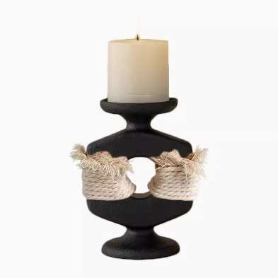 中古轻奢现代简约黑白几何树脂棉绳捏造烛台摆件样板售楼处软装饰