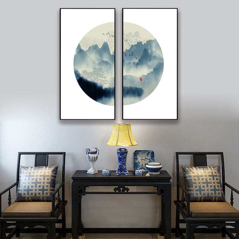 竖版水墨装饰画 新中式玄关壁画 抽象圆形茶室 书房挂画厂家直销