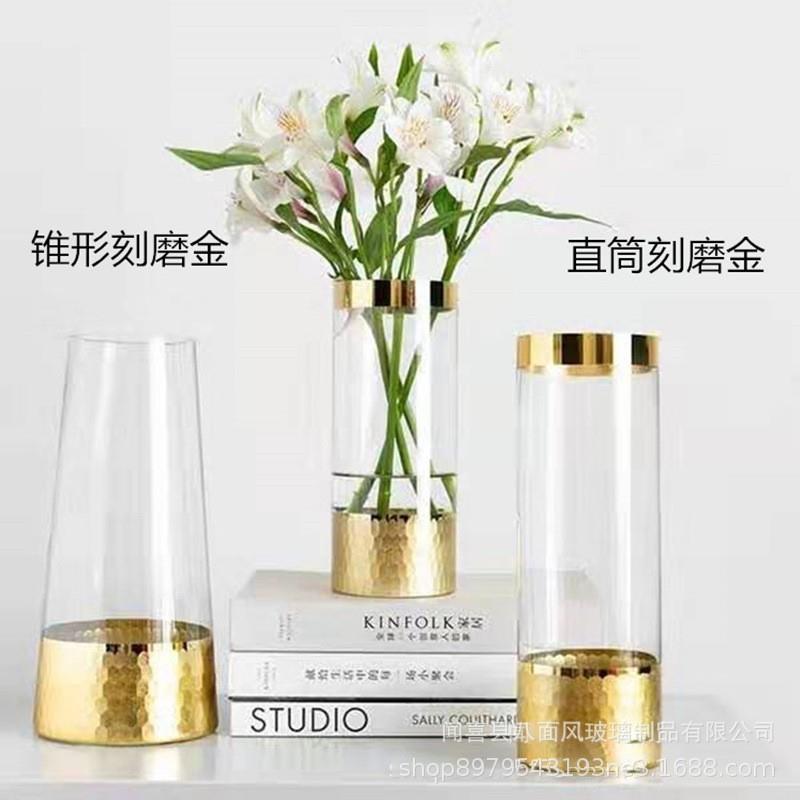 婚庆路引玻璃花瓶客厅装饰插花水培花器家居装饰品金边直筒花瓶