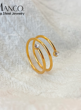 eManco日韩缠绕线圈弹簧戒指女士时髦可调节环形闪钻轻奢戒子饰品