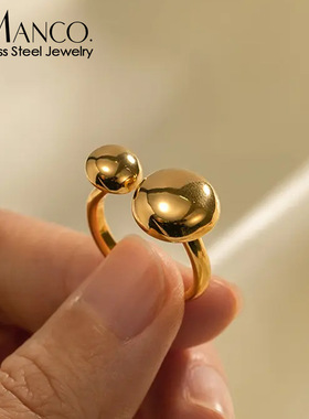 eManco欧美ins不掉色大小头圆饼小众开口戒指真空电镀18K金色指环