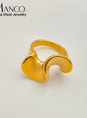 eManco法式复古几何扭曲面指环设计感波浪不规则钛钢异形镀金戒指