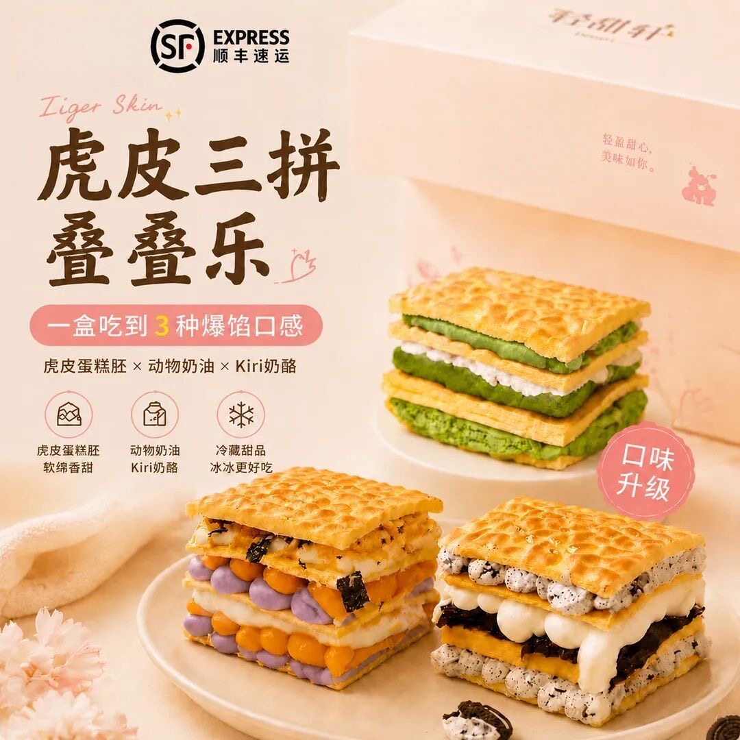 【2/3盒装】虎皮三拼叠叠乐抹茶芋泥/芋泥奶黄/黑金奥巧三种口味