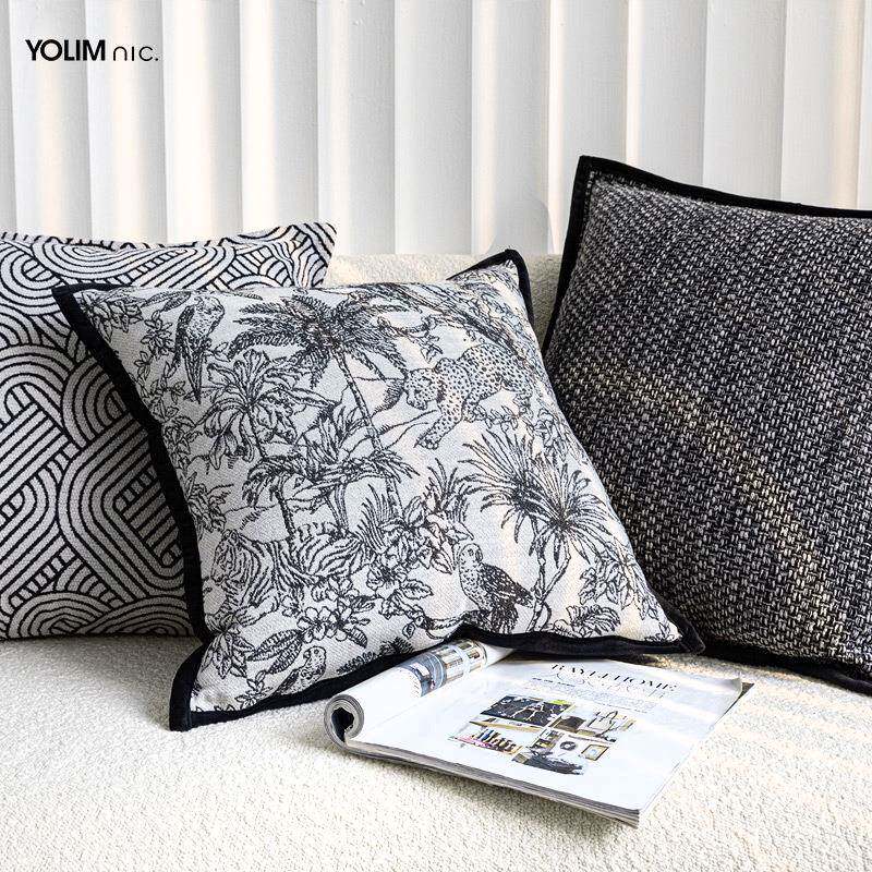 黑白灰法式中古风动物花纹雪尼尔提花客厅沙发抱枕床头靠枕靠垫套