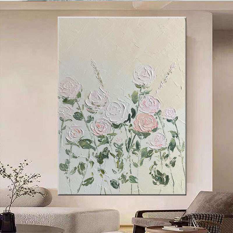 手绘油画粉色玫瑰花客厅玄关装饰画奶油风轻奢立体肌理画卧室餐厅