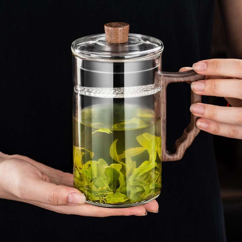 耐高温玻璃茶杯高硼硅材质绿茶杯月牙过滤一体泡茶杯家用木把杯子