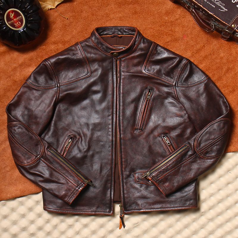 毒液美式复古水洗男士牛皮机车立领修身真皮皮夹克皮衣短款外套