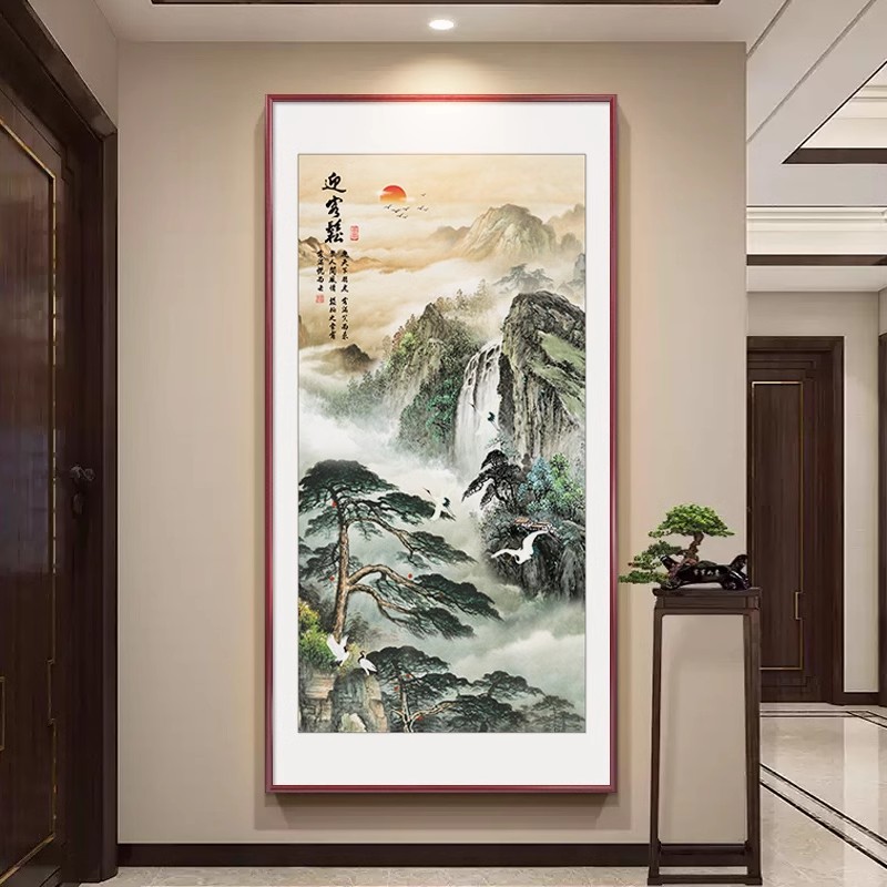 新中式迎客松入户门玄关装饰画流水生财竖版挂画水墨国画山水壁画