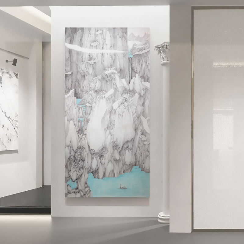 新中式山水大气挂画现代日式蓝色装饰画酒店别墅展厅玄关风水壁画