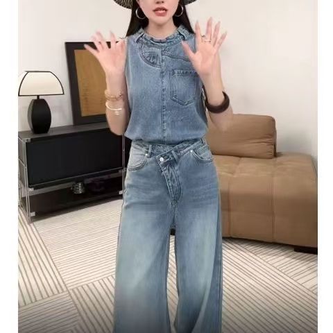 洋气减龄百搭牛仔套装女夏季小众设计感气质无袖马甲显瘦复古长裤