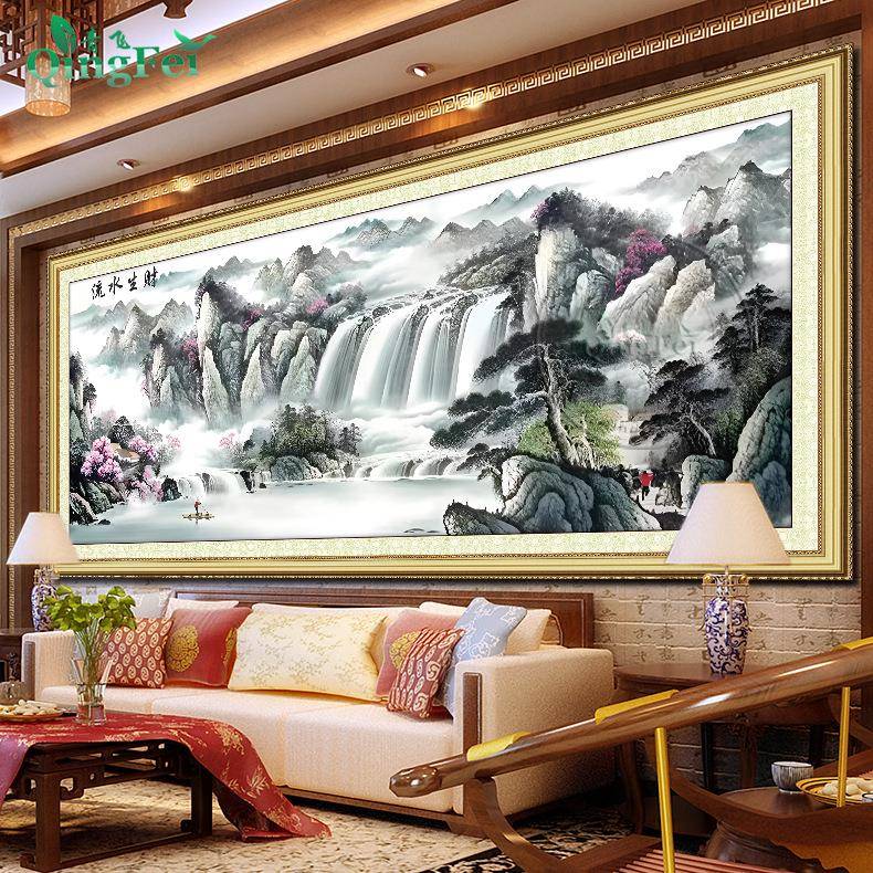 青飞精准印布流水生财锦绣山河十字绣大幅横版山水风景画手工线绣