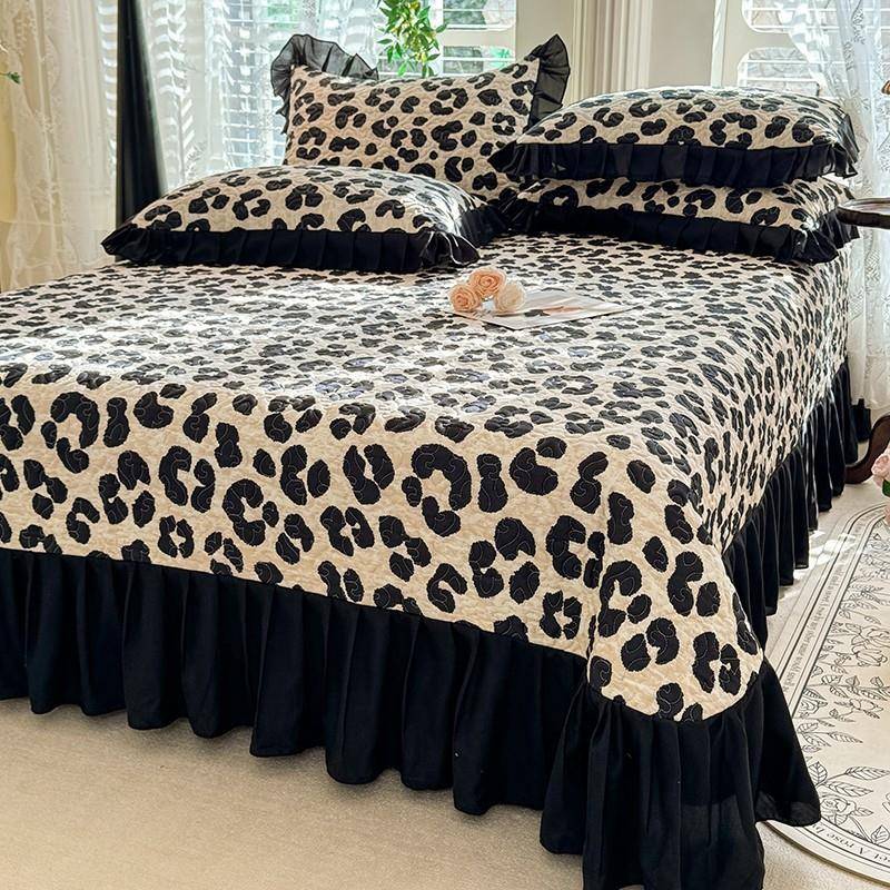 法式赫本风夹棉床盖四件套单件黑色花边床裙磨毛加厚床单四季通用