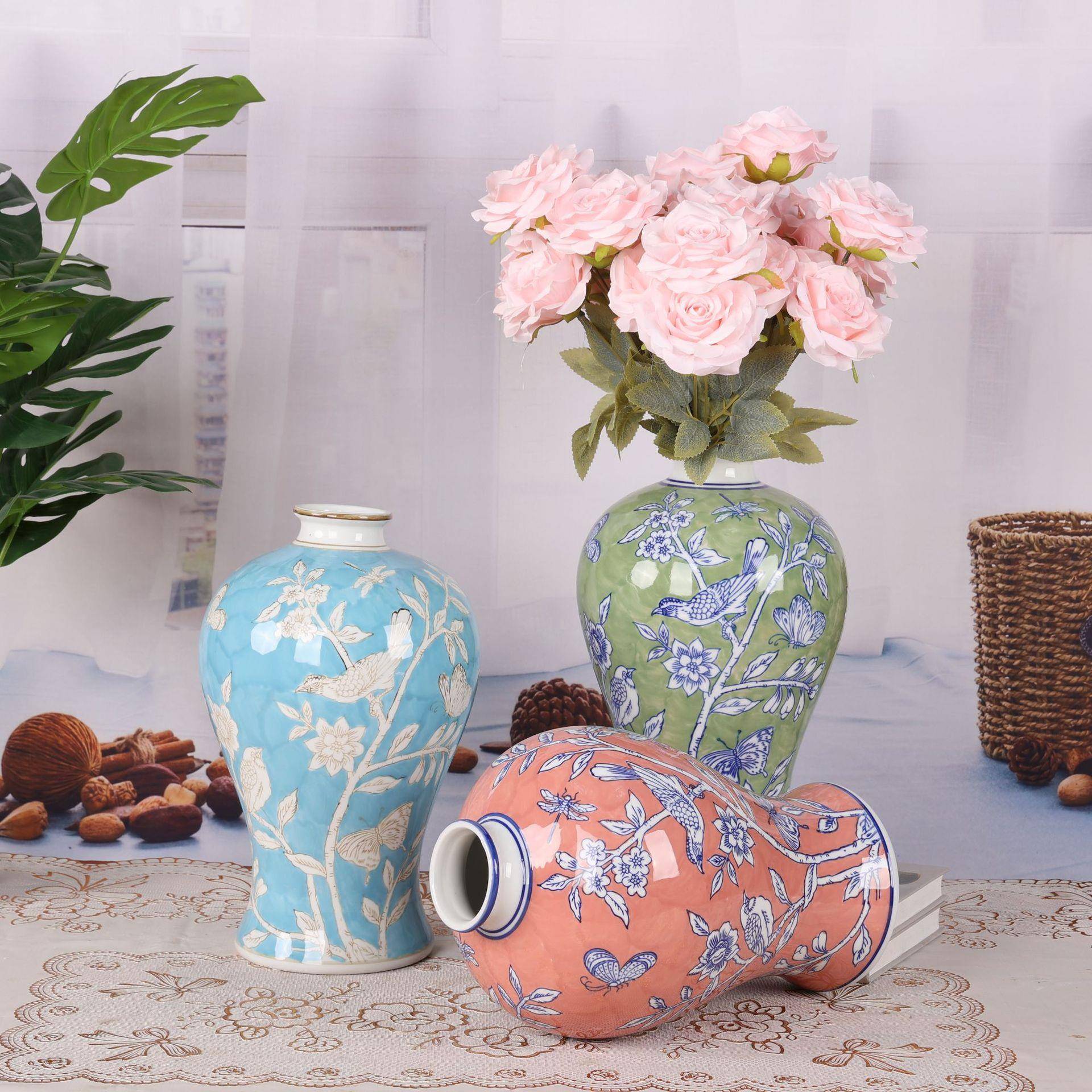 新中式陶瓷花瓶摆件玄关客厅酒店样板房软装饰品手绘青花瓷摆件