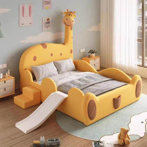 新款创意卡通长颈鹿儿童软包床头带护栏简约儿童床男孩滑梯小孩床
