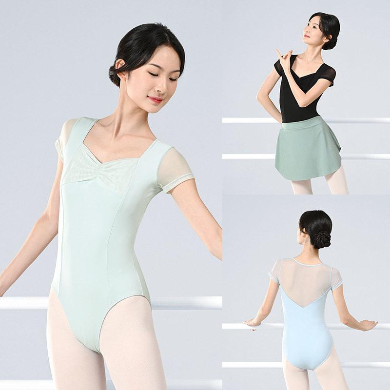 舞蹈服练功服女夏季短袖锦纶抽褶拼网连体服芭蕾舞基训跳舞形体服