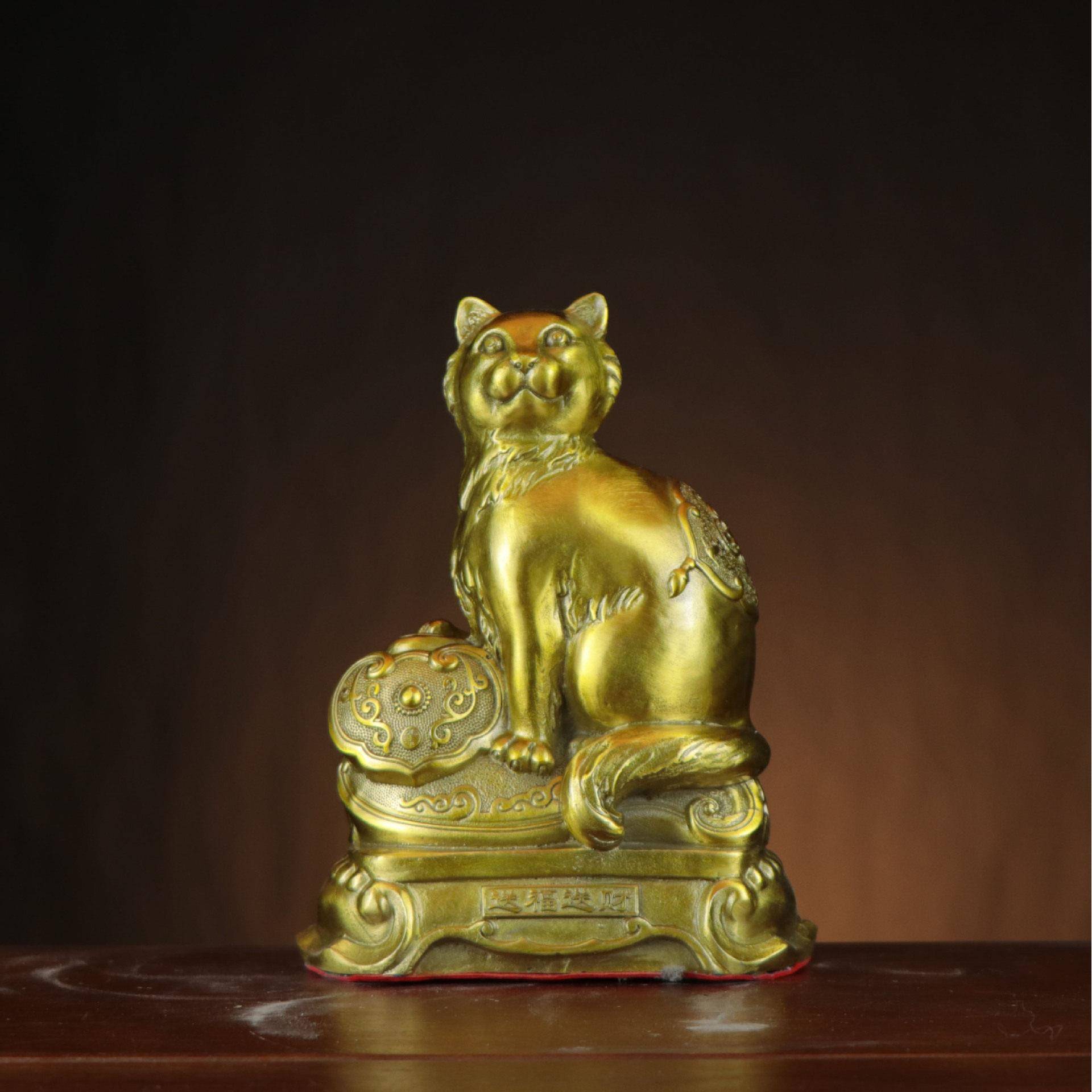 铜猫 铜如意猫 底座如意猫摆件 家居店铺装饰铜摆件图片