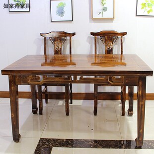 中式 全实木八仙餐桌椅仿古雕花碳化家用餐馆农家乐长方形饭桌组合