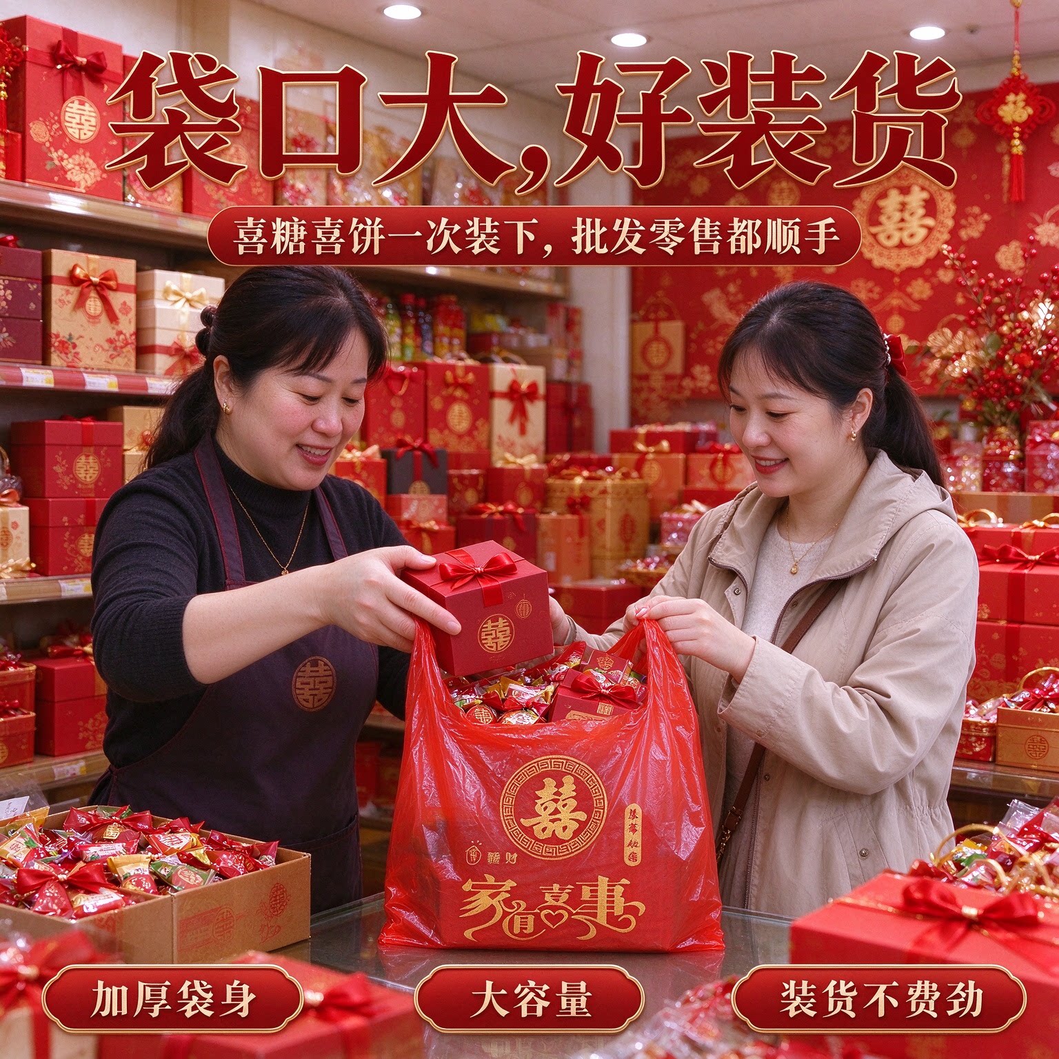 红色喜庆大号塑料袋手提方便袋加厚喜字背心袋结婚喜糖打包袋批发