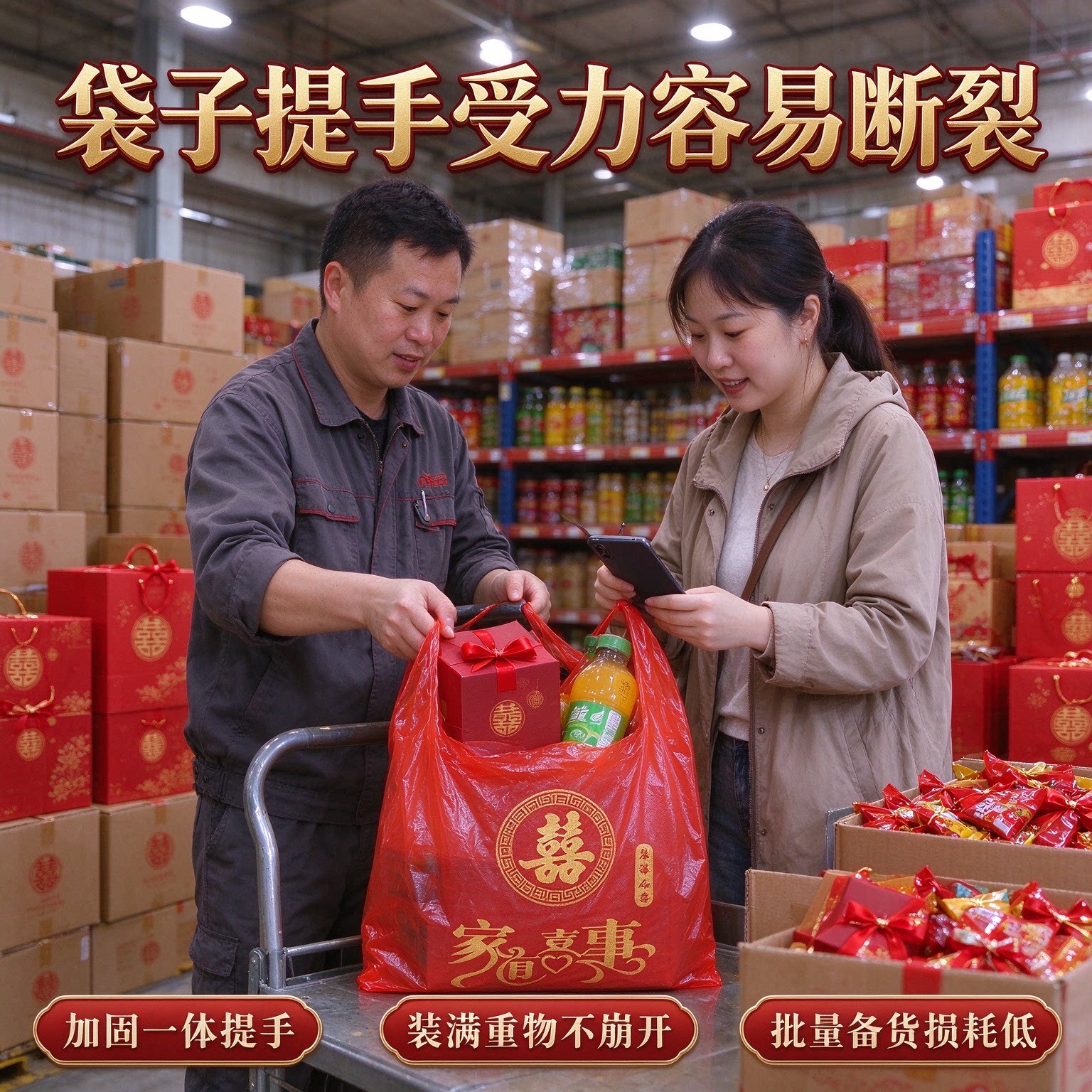 大红色喜字塑料袋结婚婚宴大号手提方便袋加厚背心袋喜糖礼品打包