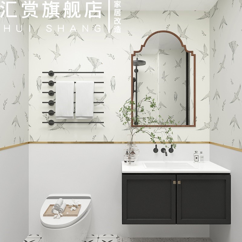 法式复古卫d生间瓷砖贴纸燕子防水翻新贴壁纸自粘奶油风浴室墙贴