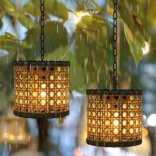 户外太阳能吊灯庭院院子凉亭树挂中式竹编吊灯藤编灯花园灯装饰灯