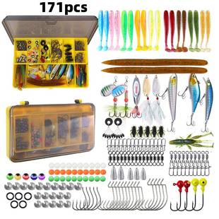 171件/盒T尾软饵旋转复合亮片三本钩铅头钩开口咬铅曲柄钩套装盒