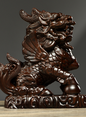 黑檀木雕瑞兽麒麟一对摆件实木质家居客厅电视柜玄关装饰工艺礼品