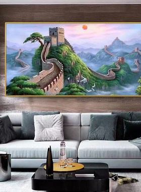 大会堂绿色万里长城画 纯手绘油画 办公室靠山图新X中式客厅挂画