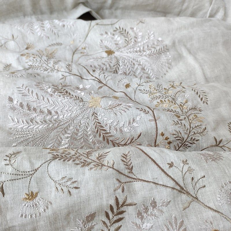 轻奢高级感亚麻重工刺绣床上四件套裸睡舒适凉爽床单被套飞边枕套