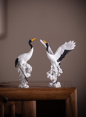 创意仙鹤送福摆件流水微景观假山盆栽鱼缸造景仿真小白鹤桌面装饰