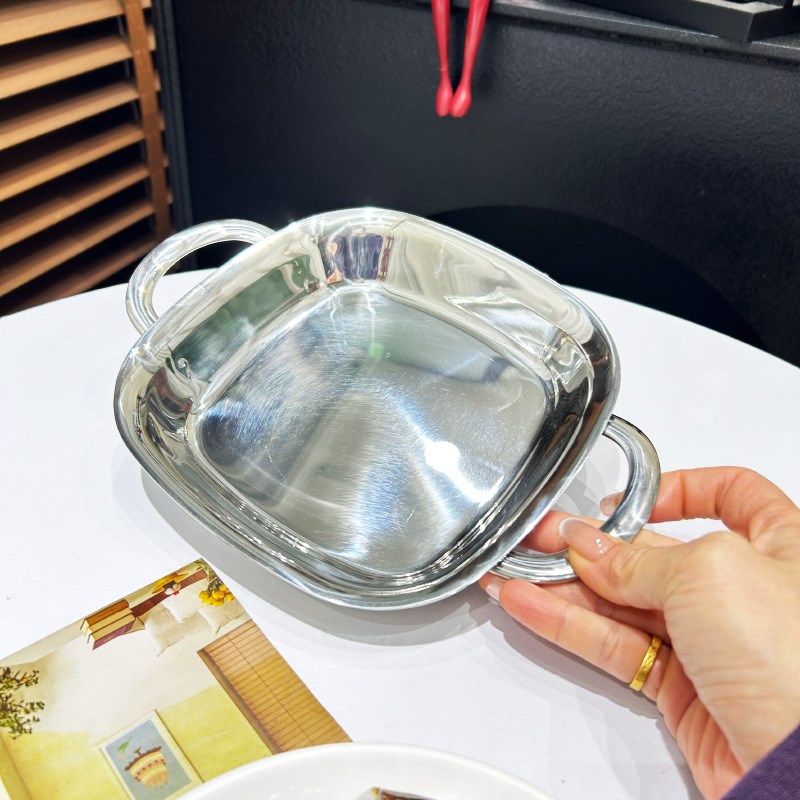 18/10不锈钢双耳方盘儿童餐盘家用蒸盘水果盘子厨房配菜盘菜盘碟