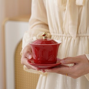 结婚改口敬茶杯喜碗套装一对陪嫁订婚敬酒杯红色对碗婚礼用品大全