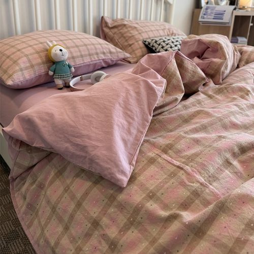 博主同款全棉格子色织提花水洗棉床上四件套床单被套床笠裸睡床品