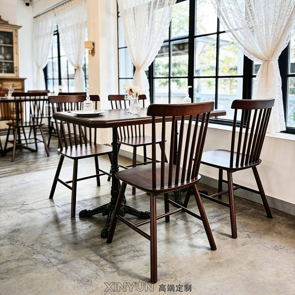 西餐厅咖啡厅实木餐椅家用中古餐桌椅组合黑胡桃温莎椅餐厅凳子