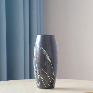 干花花瓶现代简约三件套黑色陶瓷花瓶花插 欧式摆件装饰创意 芦苇