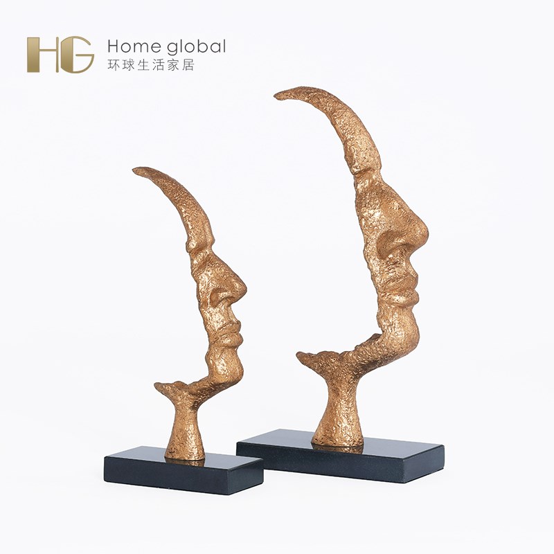 样板房软装设计金色抽象人物脸雕塑专卖店现代简约办公室装饰摆件