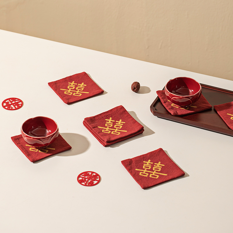 喜字杯垫结婚敬茶杯托婚房装饰婚庆拍摄影道具布艺茶托防滑防烫