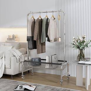 落地衣架家用简易挂衣架长款单杆晾衣架子室内带篮子置物架衣帽架
