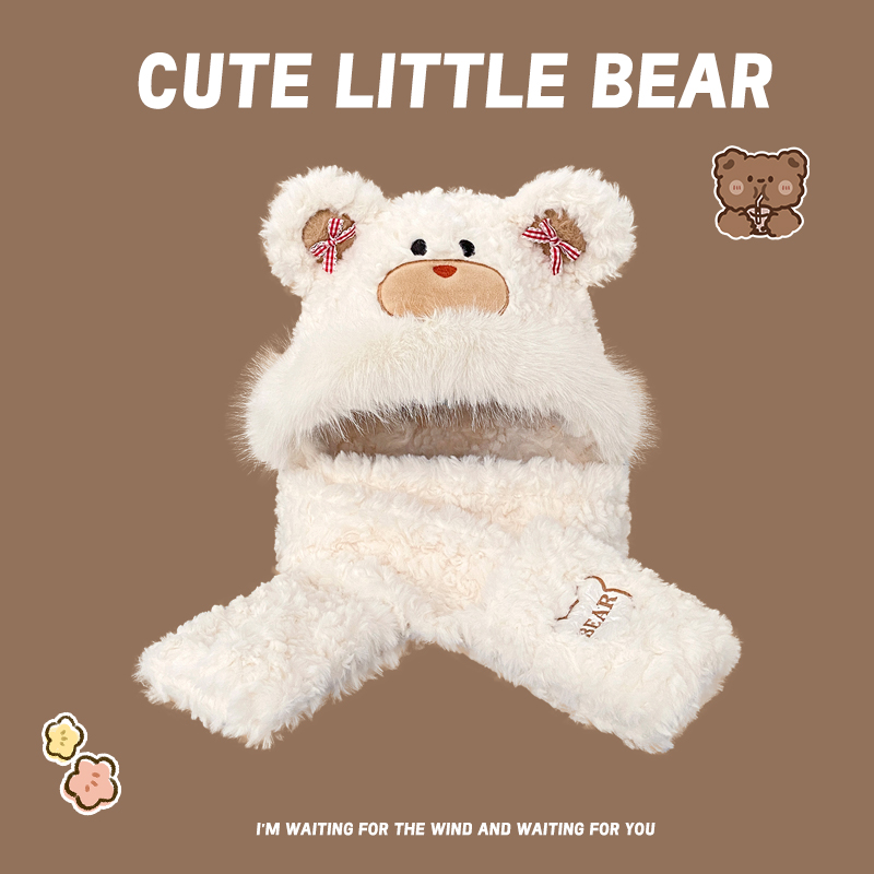 可爱小熊毛绒帽子围巾手套三件套