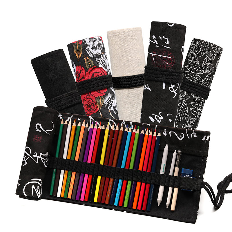 手工帆布笔帘 素描彩铅卷笔袋 男女生大容量收纳袋绘画专用铅笔袋