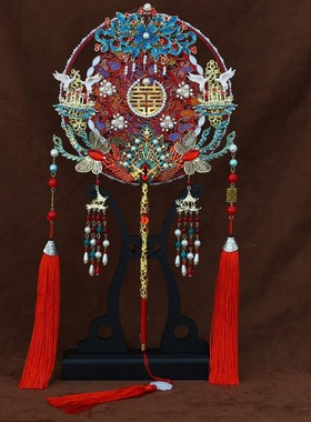 暗红色蕾丝新娘新古典团扇明w制汉唐古风双面手工成品遮面金色扇