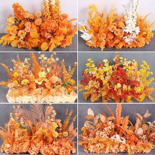 橘色系婚庆地排花路引花背景舞台迎宾区挂花婚礼场景装饰花艺道