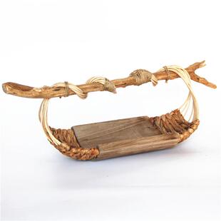 销售手工制作蒲草和泡桐混搭编织托盘果盘装饰工艺摆件