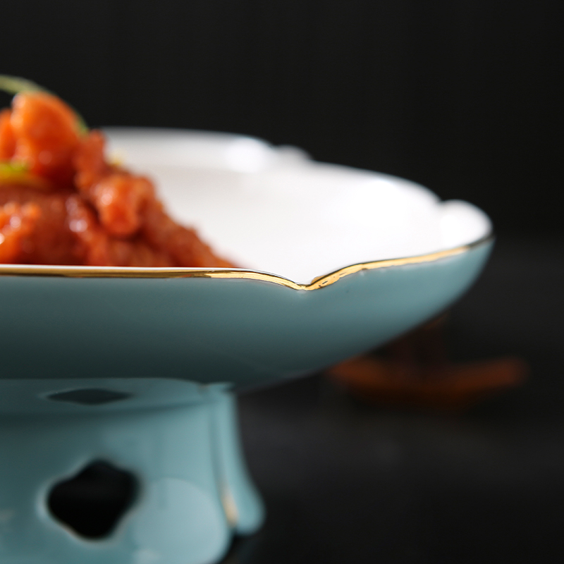 中餐厅会所私房菜餐具酒店水果盘金边镂空高脚盘陶瓷凉菜盘子9寸