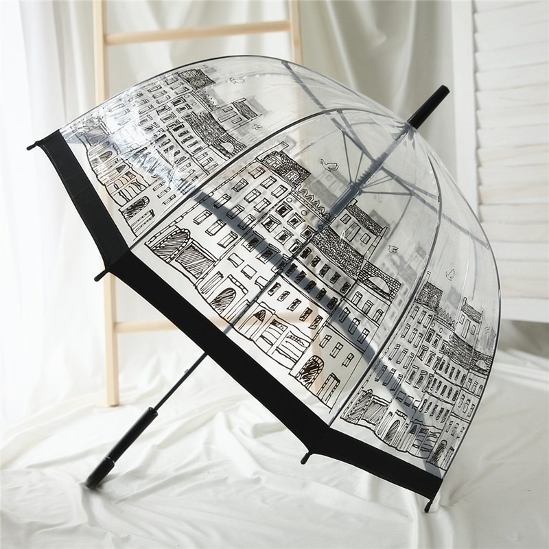 沛欣雨伞女 夏天复古城市玫瑰花黑边透明伞半自动小清新长柄伞