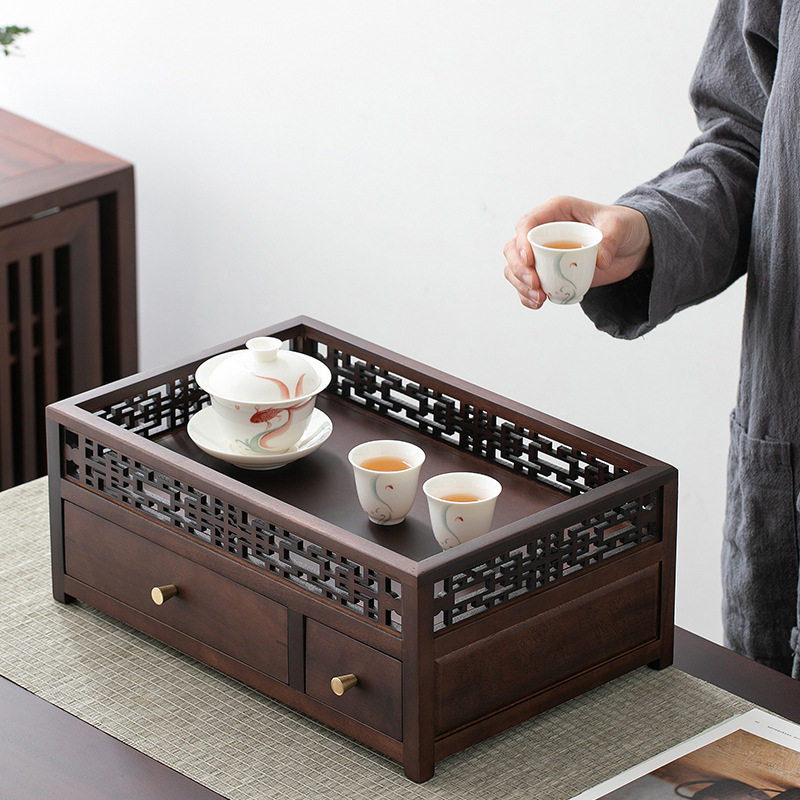 淘瓷八北美胡桃木中式茶盘实木客厅家用收纳盒茶盒功夫茶具配件
