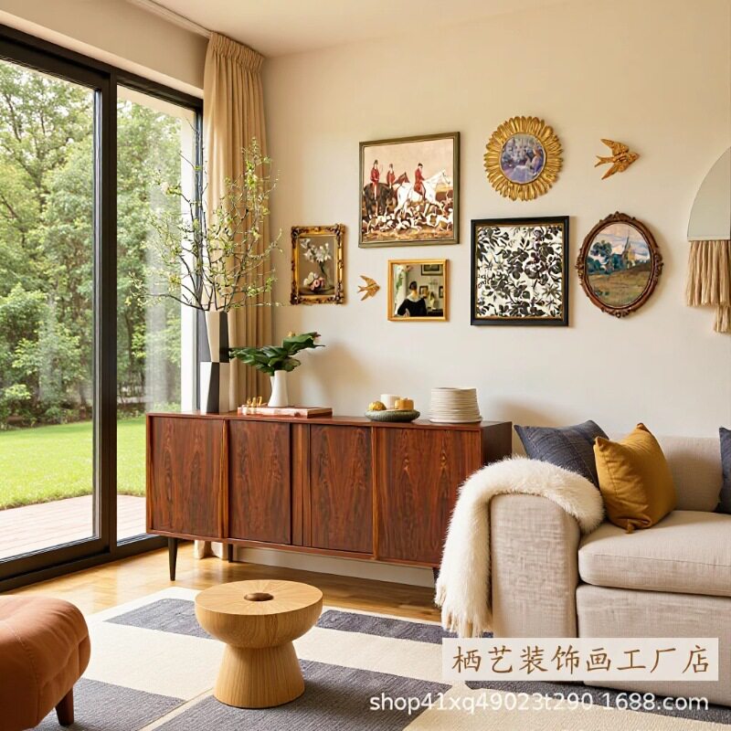 中古风法式复古客厅沙发背景墙装饰画欧式古典餐厅卧室挂画组合画