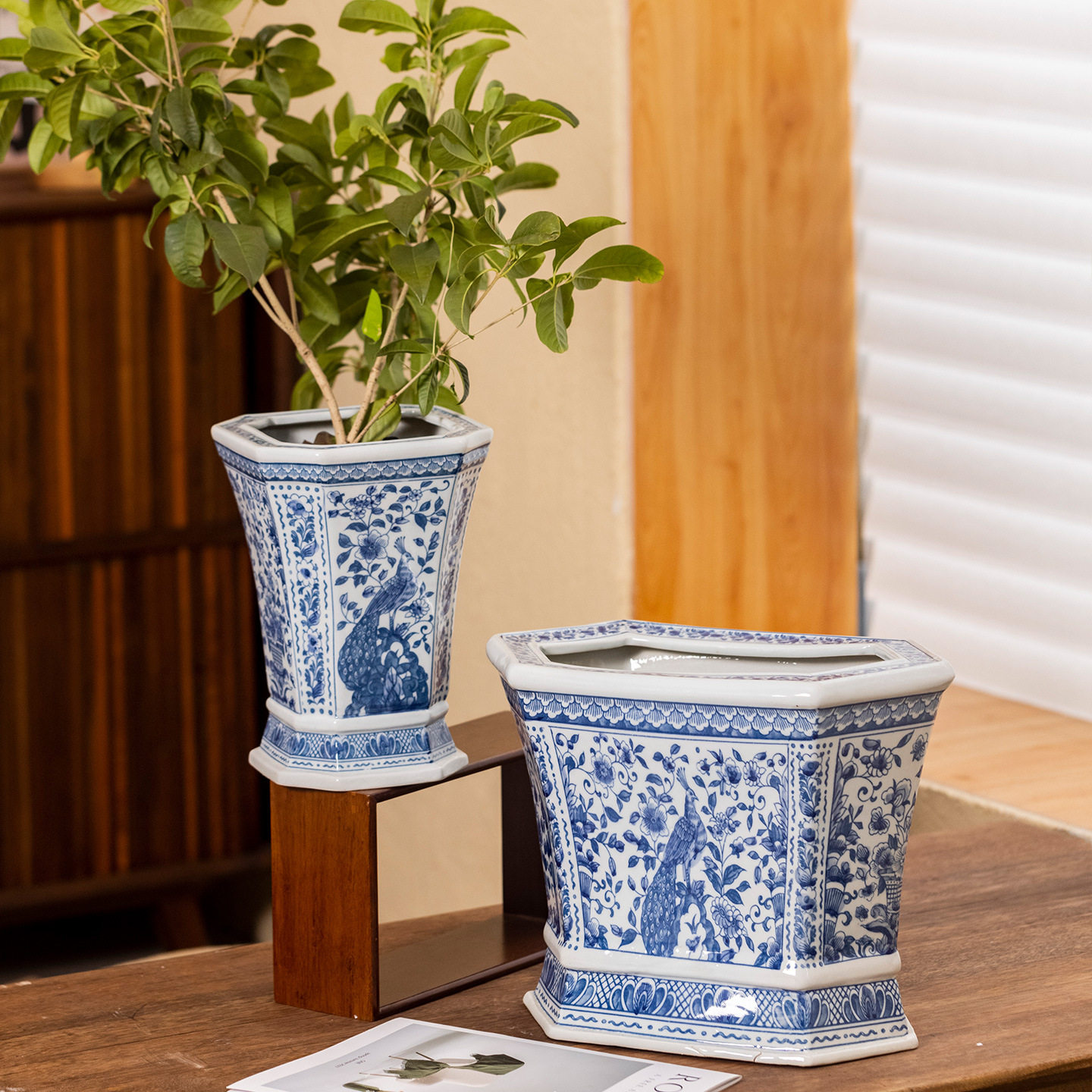 雨彤“长尾鸟”景德镇青花瓷扁花盆陶瓷仿古中式家居客厅陶瓷花盆