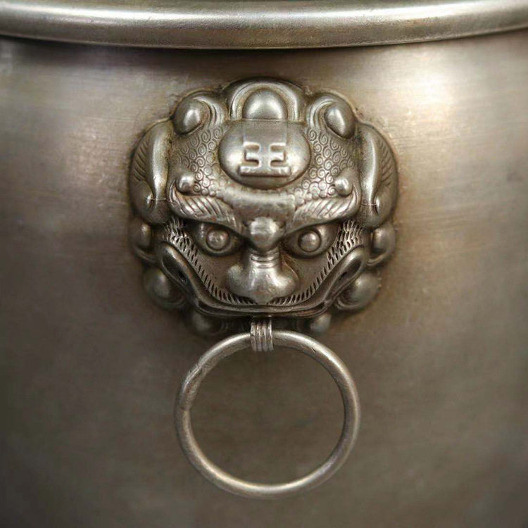 古玩杂项收藏老银器鲤鱼跳龙门 银器招财狮头缸老物件铜摆件