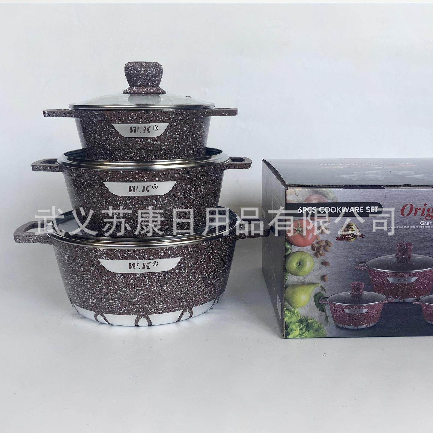 热卖花岗岩3套不粘P锅具套装件压铸铝麦WW-6PCS饭石锅20/24/28/32